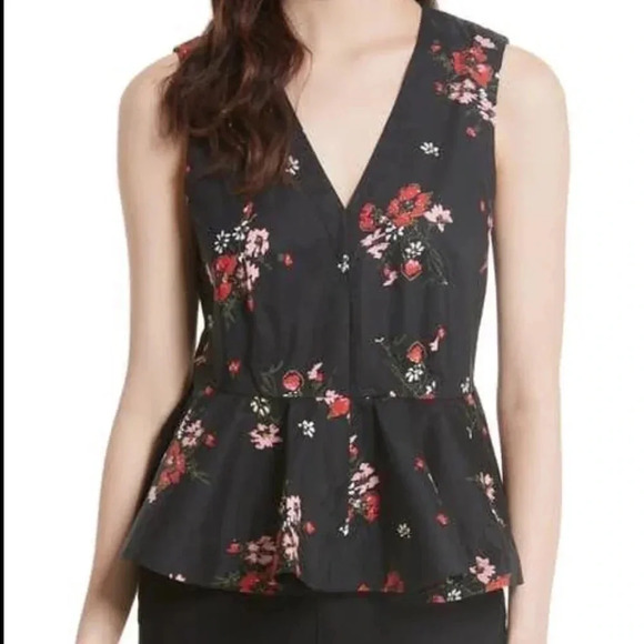Rebecca Taylor Marguerite Floral Poplin Peplum Tank Top Black Size 8 - Picture 1 of 6